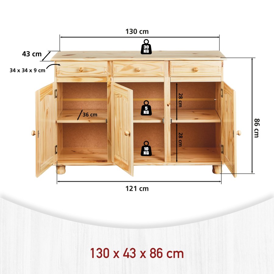 NORDIC LIVING COLLECTION Massivt tr&auml;sk&auml;nk tillverkad av furu med 3 l�dor och 3 d&ouml;rrar
