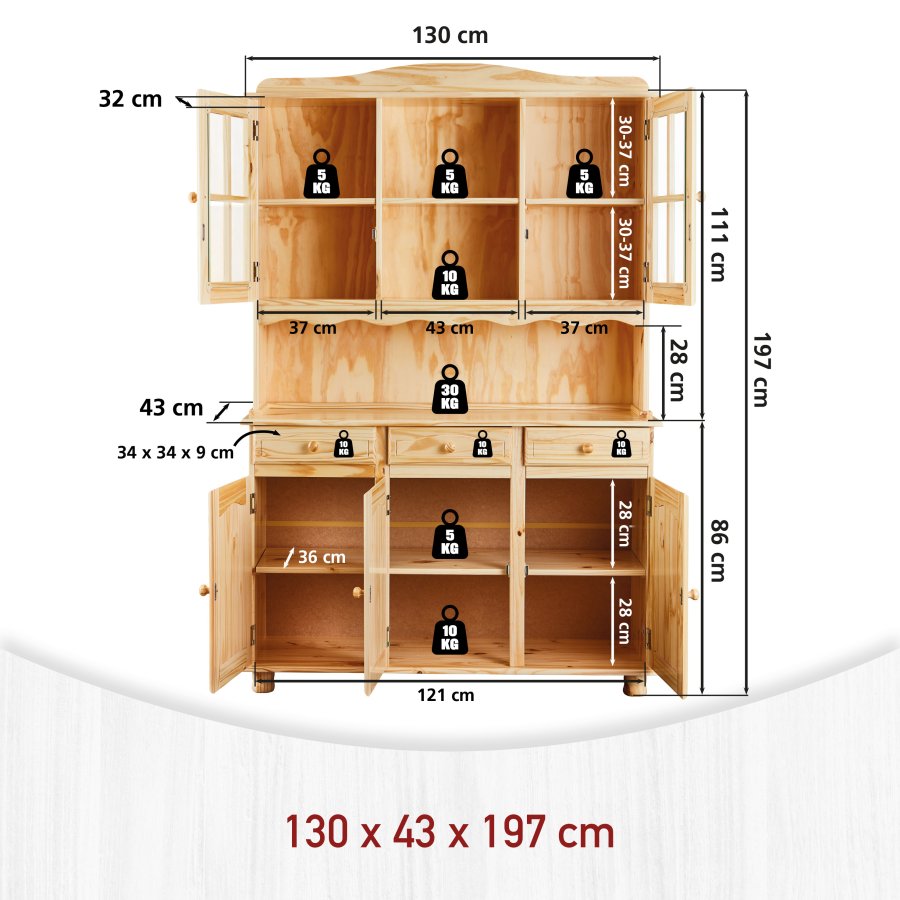 NORDIC LIVING COLLECTION Toscana vitrineskap med 3 skuffer og 5 hyller bak 5 d�rer