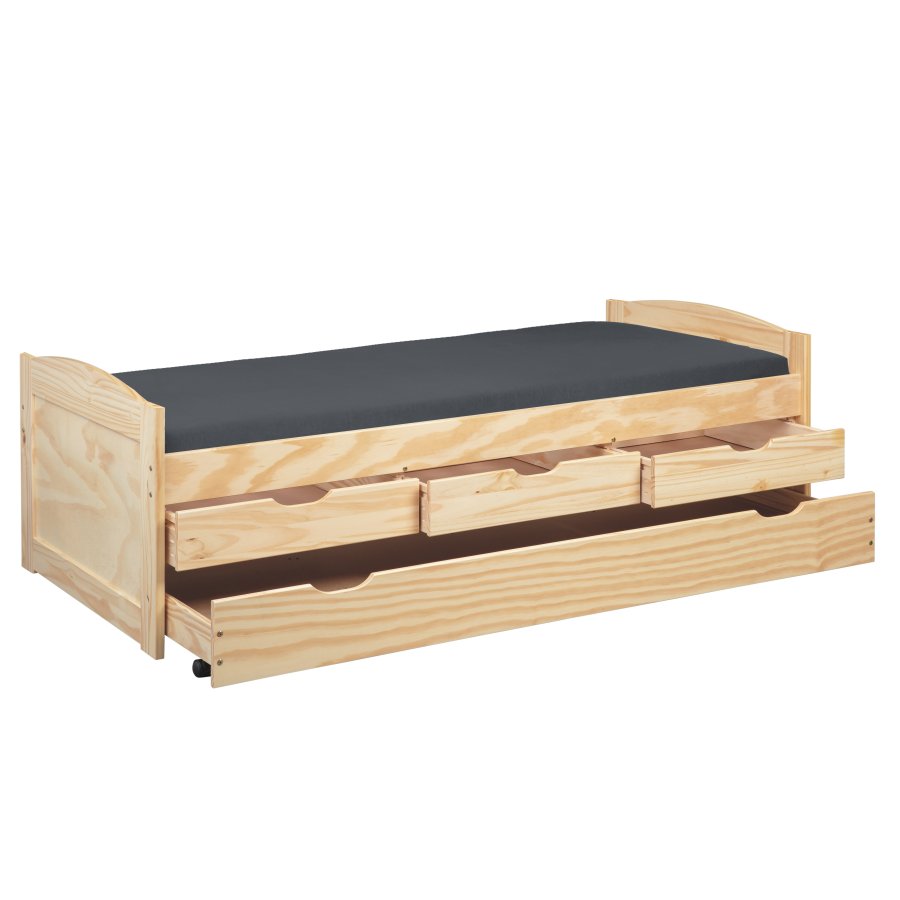 NORDIC LIVING COLLECTION Marinella funktionss&auml;ng 90x200 tillverkad av massivt tr&auml; i naturlack med 3 l�dor och extra sovyta inklusive ribbotten