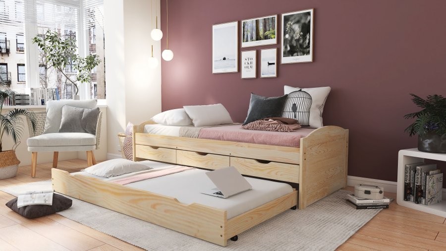NORDIC LIVING COLLECTION Marinella funktionss&auml;ng 90x200 tillverkad av massivt tr&auml; i naturlack med 3 l�dor och extra sovyta inklusive ribbotten