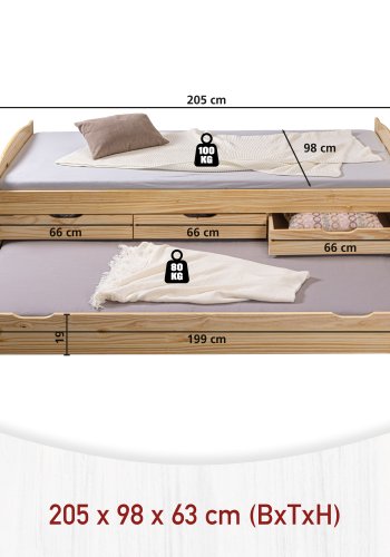 NORDIC LIVING COLLECTION Marinella funktionss&auml;ng 90x200 tillverkad av massivt tr&auml; i naturlack med 3 l�dor och extra sovyta inklusive ribbotten