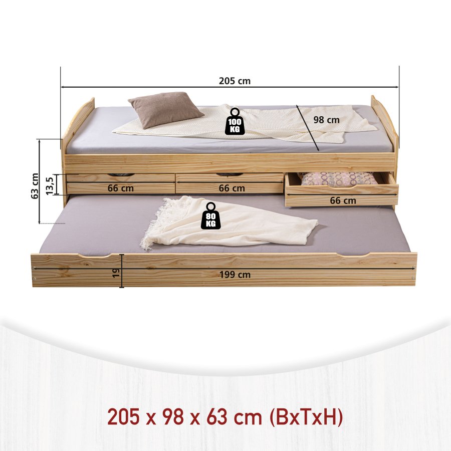 NORDIC LIVING COLLECTION Marinella funktionss&auml;ng 90x200 tillverkad av massivt tr&auml; i naturlack med 3 l�dor och extra sovyta inklusive ribbotten