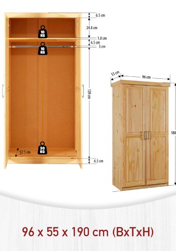 NORDIC LIVING COLLECTION Leon sk�p med 2 d�rrar i massiv furu med 1 stort fack med kl�dst�ng, 1 hatthylla och PVC-handtag