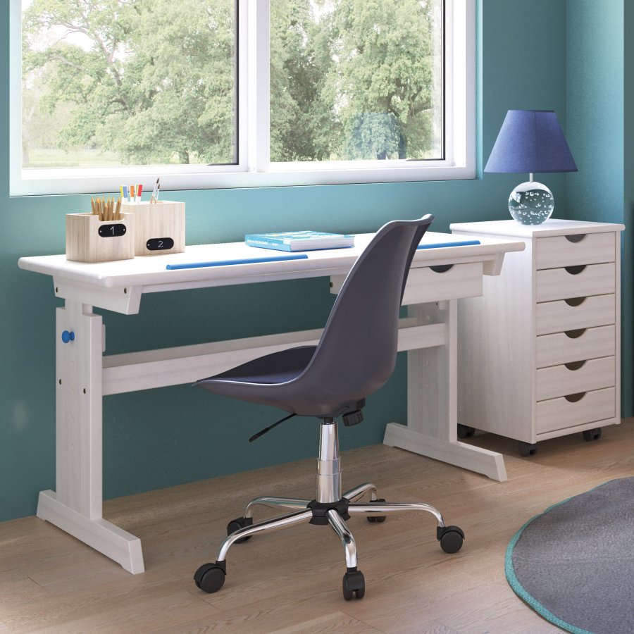 NORDIC LIVING COLLECTION Skrivbord i massiv furu, Baru, rosa/vit, h&ouml;jdjusterbart med tippbart hyllplan, bokhylla och en l�da