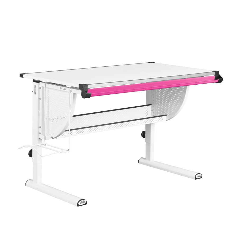 NORDIC LIVING COLLECTION Matts 3-i-1-skrivbord, vitt/gr&ouml;nt/rosa, T&Uuml;V-certifierat, h&ouml;jdjusterbart med tippbart hyllplan och skolv&auml;skshylla