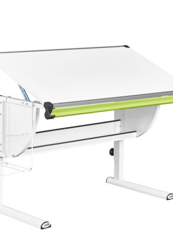 NORDIC LIVING COLLECTION Matts 3-i-1-skrivbord, vitt/gr&ouml;nt/rosa, T&Uuml;V-certifierat, h&ouml;jdjusterbart med tippbart hyllplan och skolv&auml;skshylla