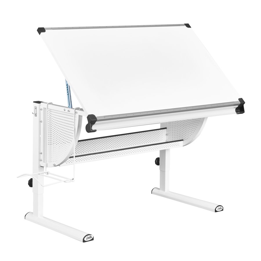 NORDIC LIVING COLLECTION Matts 3-i-1-skrivbord, vitt/gr&ouml;nt/rosa, T&Uuml;V-certifierat, h&ouml;jdjusterbart med tippbart hyllplan och skolv&auml;skshylla