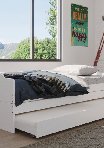 NORDIC LIVING COLLECTION 3-i-1 funktionell soffa Lotar 90x200 tillverkad av massivt tr&auml;, lackerad vit, med 3 liggytor inklusive ribbotten