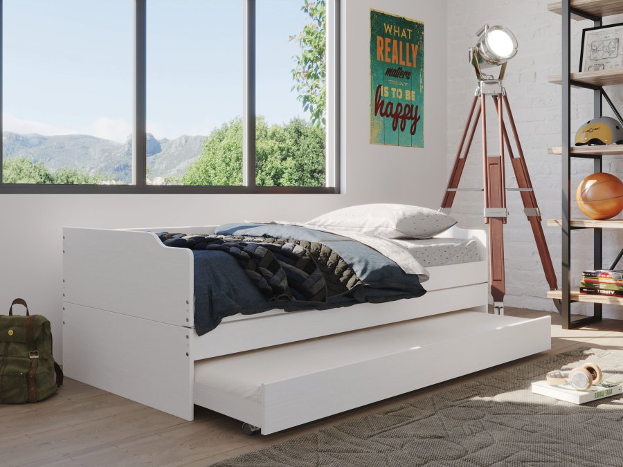 NORDIC LIVING COLLECTION 3-i-1 funktionell soffa Lotar 90x200 tillverkad av massivt tr&auml;, lackerad vit, med 3 liggytor inklusive ribbotten