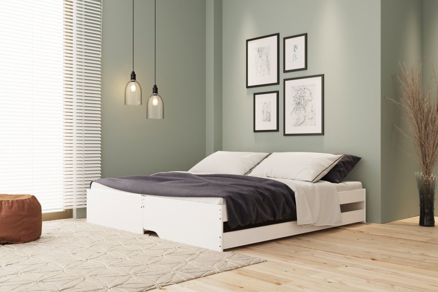 NORDIC LIVING COLLECTION 3-i-1 funktionell soffa Lotar 90x200 tillverkad av massivt tr&auml;, lackerad vit, med 3 liggytor inklusive ribbotten