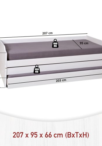 NORDIC LIVING COLLECTION 3-i-1 funktionell soffa Lotar 90x200 tillverkad av massivt tr&auml;, lackerad vit, med 3 liggytor inklusive ribbotten