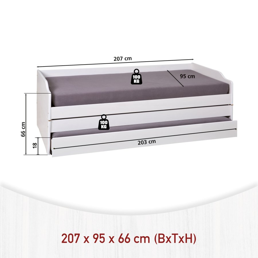 NORDIC LIVING COLLECTION 3-i-1 funktionell soffa Lotar 90x200 tillverkad av massivt tr&auml;, lackerad vit, med 3 liggytor inklusive ribbotten