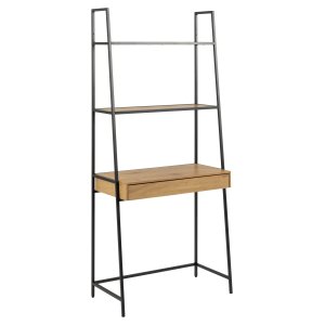 ACT NORDIC Seaford reol, m. 2 hylder, 1 skuffe, skrivebordsplade - natur vild eg melamin, sort metal(H:174,5cm x77cm x 36cm)