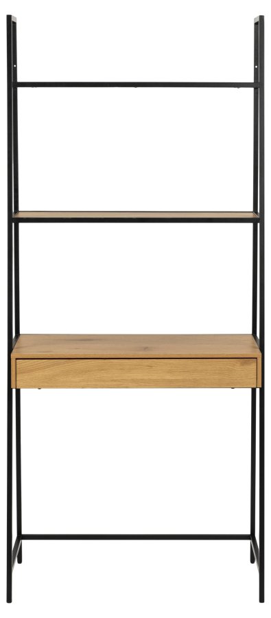 ACT NORDIC Seaford reol, m. 2 hylder, 1 skuffe, skrivebordsplade - natur vild eg melamin, sort metal(H:174,5cm x77cm x 36cm)