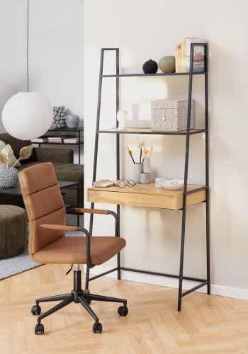 ACT NORDIC Seaford reol, m. 2 hylder, 1 skuffe, skrivebordsplade - natur vild eg melamin, sort metal(H:174,5cm x77cm x 36cm)