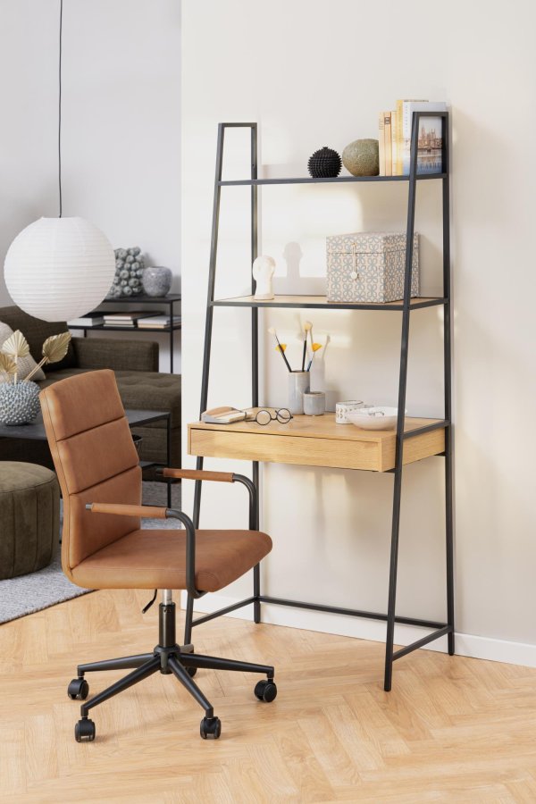 ACT NORDIC Seaford reol, m. 2 hylder, 1 skuffe, skrivebordsplade - natur vild eg melamin, sort metal(H:174,5cm x77cm x 36cm)