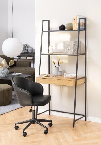 ACT NORDIC Seaford reol, m. 2 hylder, 1 skuffe, skrivebordsplade - natur vild eg melamin, sort metal(H:174,5cm x77cm x 36cm)