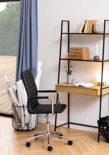 ACT NORDIC Seaford reol, m. 2 hylder, 1 skuffe, skrivebordsplade - natur vild eg melamin, sort metal(H:174,5cm x77cm x 36cm)