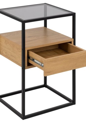 ACT NORDIC Randolf Nachttisch, mit 1 Regal und 1 Schublade – Rauchglas, natürliches Melamin, schwarzes Metall (40x35)