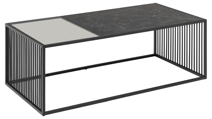 ACT NORDIC Strington Couchtisch, rechteckig - schwarzer Marmor, Melamin/Rauchglas und schwarzes Metall (120x60
