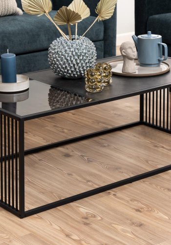 ACT NORDIC Strington Couchtisch, rechteckig - schwarzer Marmor, Melamin/Rauchglas und schwarzes Metall (120x60