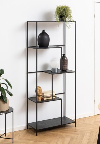 ACT NORDIC Infinity reol, m. 4 hylder - sort marmor melamin og sort metal(H:170cm x72cm x 32cm)