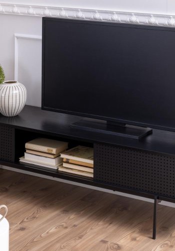 ACT NORDIC Angus TV-bord, m. 2 mesh skydelger  - sort ask melamin og sort metal (180x40)