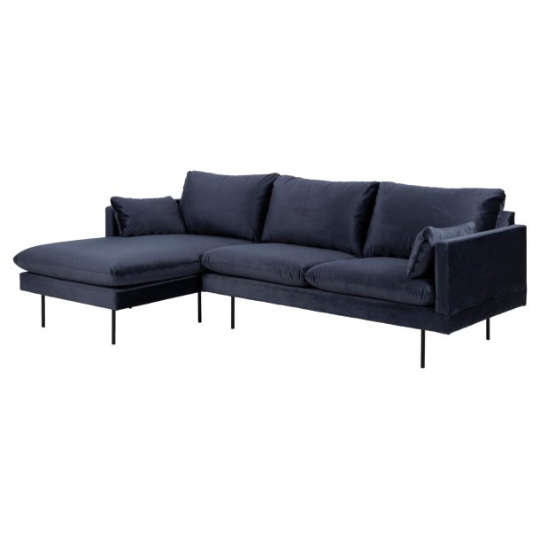 SOFAKONCEPT Cozy 2 pers. sofa, m. venstre chaiselong og 2 puder - mrkebl stof og sort metal