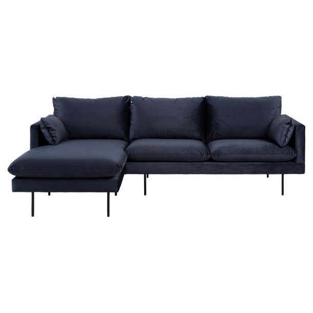 SOFAKONCEPT Cozy 2 pers. sofa, m. venstre chaiselong og 2 puder - mrkebl stof og sort metal