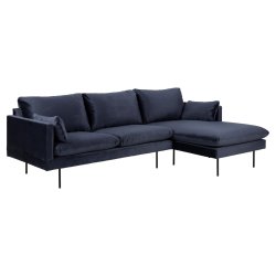 SOFAKONCEPT Cozy 2 pers. sofa, m. hjre chaiselong og 2 puder - mrkebl stof og sort metal