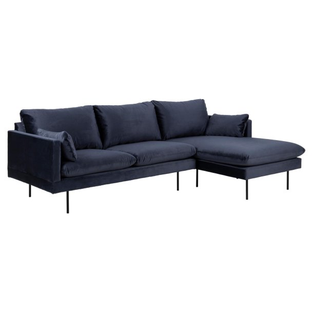 SOFAKONCEPT Cozy 2 pers. sofa, m. hjre chaiselong og 2 puder - mrkebl stof og sort metal
