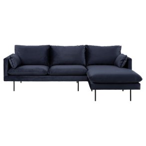 SOFAKONCEPT Cozy 2 pers. sofa, m. hjre chaiselong og 2 puder - mrkebl stof og sort metal