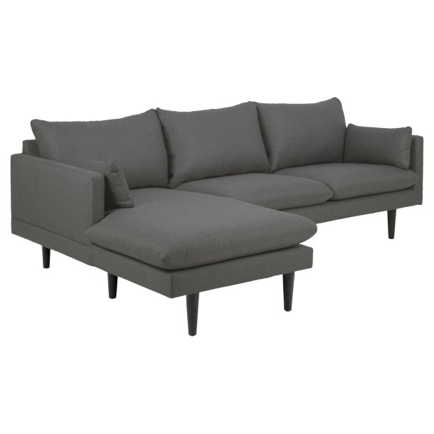 SOFAKONCEPT Cozy 2 pers. sofa, m. venstre chaiselong og 2 puder - mrkegr stof og sort bg