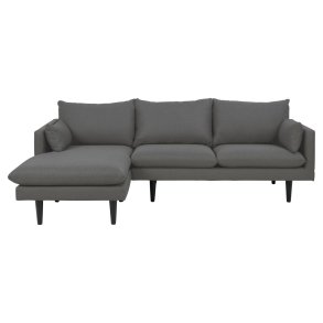 SOFAKONCEPT Cozy 2 pers. sofa, m. venstre chaiselong og 2 puder - mrkegr stof og sort bg