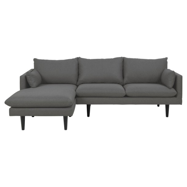 SOFAKONCEPT Cozy 2 pers. sofa, m. venstre chaiselong og 2 puder - mrkegr stof og sort bg