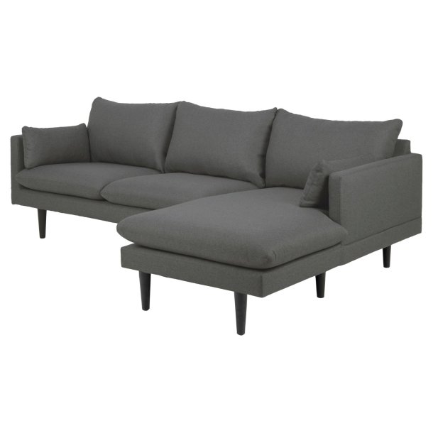 SOFAKONCEPT Cozy 2 pers. sofa, m. hjre chaiselong og 2 puder - mrkegr stof og sort bg