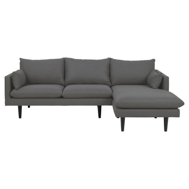 SOFAKONCEPT Cozy 2 pers. sofa, m. hjre chaiselong og 2 puder - mrkegr stof og sort bg