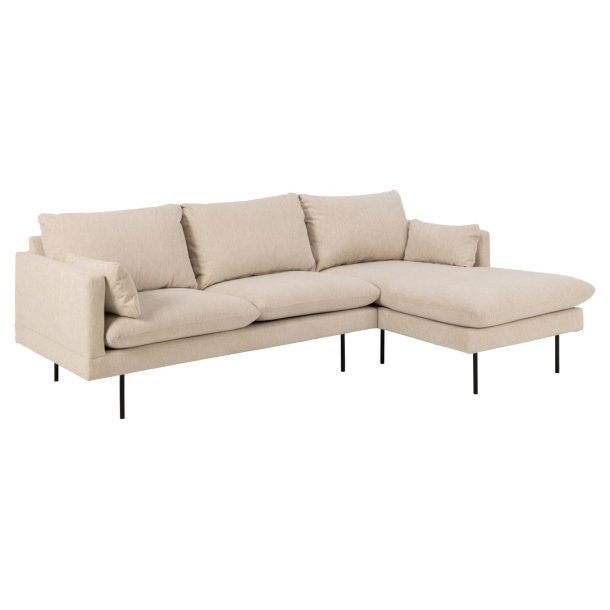 SOFAKONCEPT Cozy 2 pers. sofa, m. hjre chaiselong og 2 puder - creme stof og sort metal