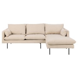 SOFAKONCEPT Cozy 2 pers. sofa, m. hjre chaiselong og 2 puder - creme stof og sort metal
