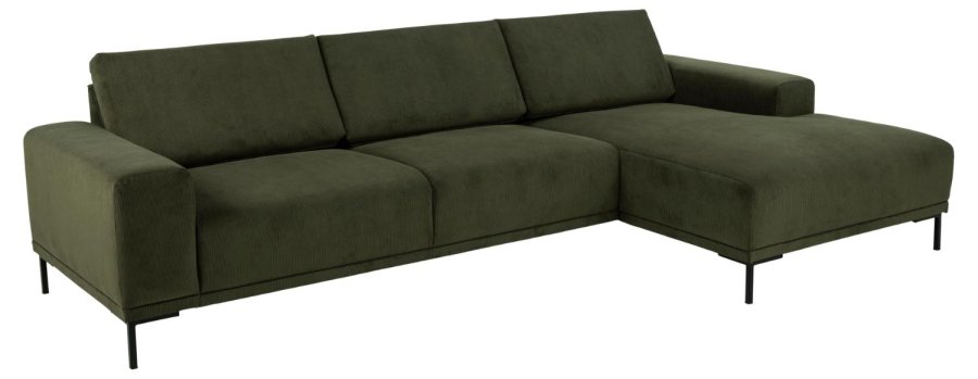 SOFAKONSEPT Noora 3-manns sofa, med hyre sjeselong - olivengrnt stoff og sort metall