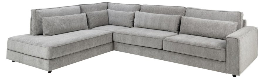 SOFAKONSEPT Cilla hjrnesofa, med venstre hvilemodul og 5 puter - lysegrt stoff og svart polypropylen