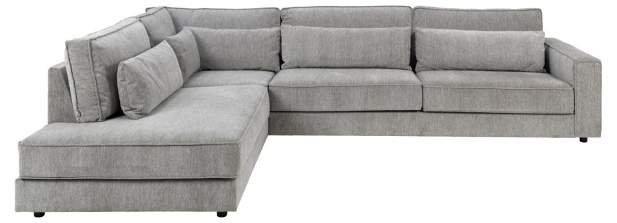 SOFAKONSEPT Cilla hjrnesofa, med venstre hvilemodul og 5 puter - lysegrt stoff og svart polypropylen