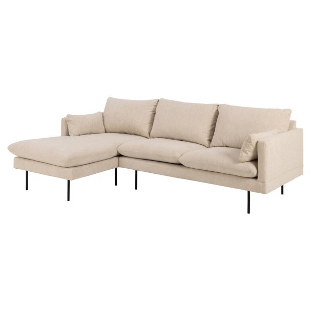 SOFAKONCEPT Cozy 2 pers. sofa, m. venstre chaiselong og 2 puder - creme stof og sort metal