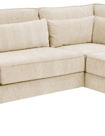 SOFAKONSEPT Cilla hjrnesofa, med hyre hvilemodul og 5 puter - kremstoff og svart polypropylen