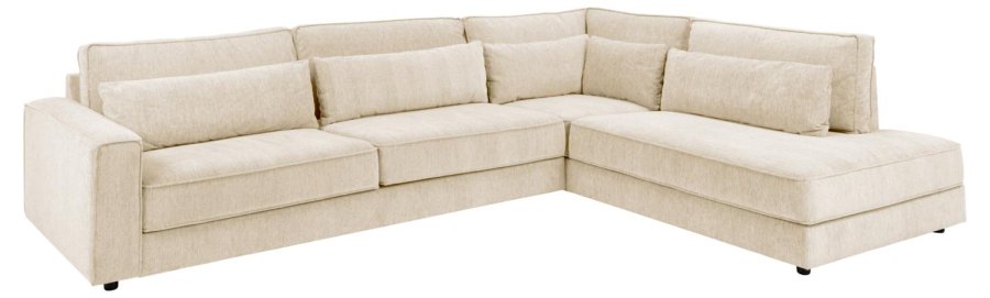 SOFAKONSEPT Cilla hjrnesofa, med hyre hvilemodul og 5 puter - kremstoff og svart polypropylen