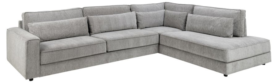 SOFAKONSEPT Cilla hjrnesofa, med hyre hvilemodul og 5 puter - lysegrt stoff og svart polypropylen