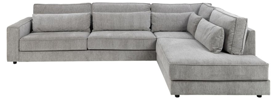 SOFAKONSEPT Cilla hjrnesofa, med hyre hvilemodul og 5 puter - lysegrt stoff og svart polypropylen