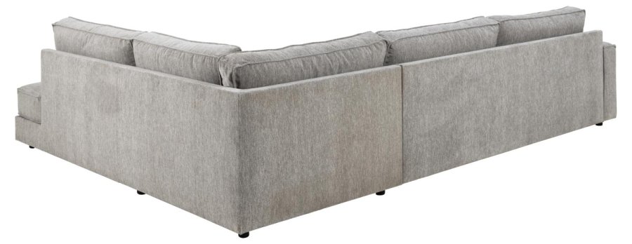 SOFAKONSEPT Cilla hjrnesofa, med hyre hvilemodul og 5 puter - lysegrt stoff og svart polypropylen