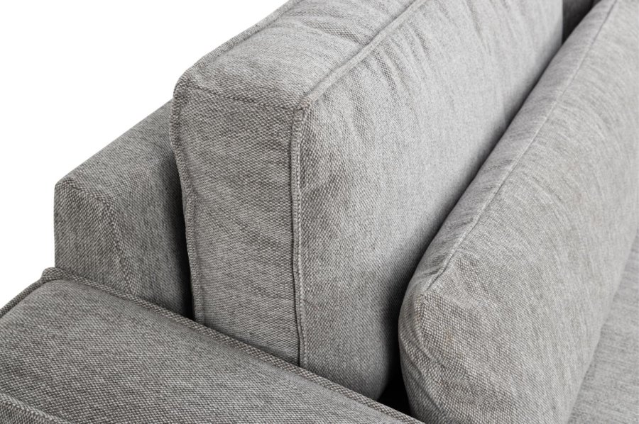 SOFAKONSEPT Cilla hjrnesofa, med hyre hvilemodul og 5 puter - lysegrt stoff og svart polypropylen