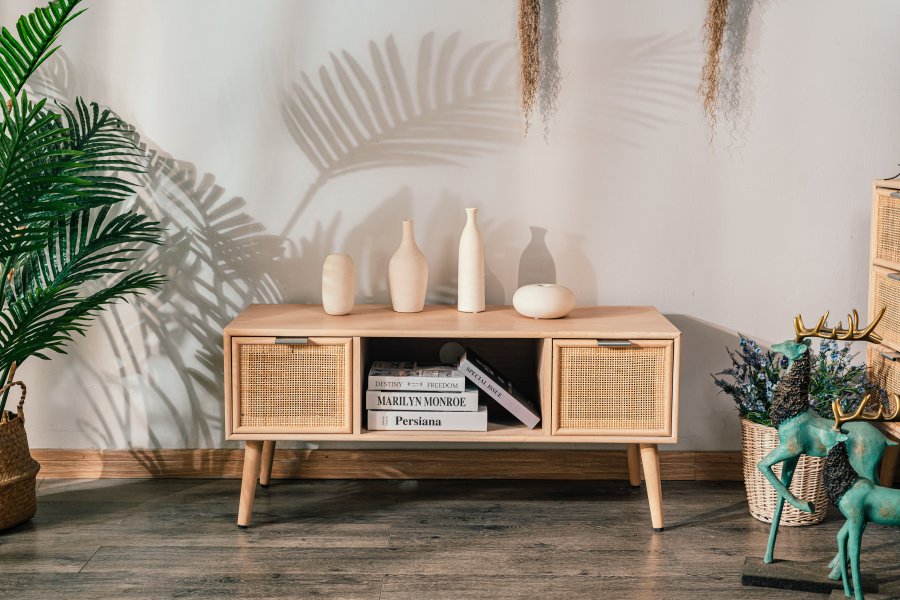 NORDLYS Akita TV-bord, m. 2 skuffer - brun rotting og tre (100x42)